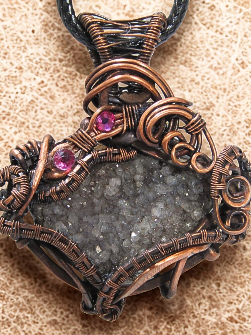 Handmade Wire Wrapped Obsidian Druzy Pendant, Raw Copper Wire, Oxidized/ waxed - Picture 5 of 6